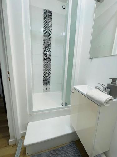 une salle de bain blanche avec une douche et un lavabo dans l'établissement Le Gambetta - 2 voyageurs - Wifi, au Mans