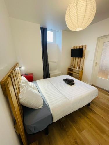 une chambre avec un lit et une télévision dans l'établissement Le Gambetta - 2 voyageurs - Wifi, au Mans