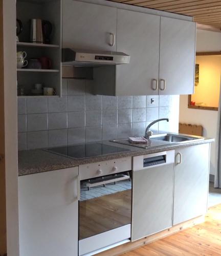 a kitchen with white cabinets and a sink at Chesa Sper l'Ovel Brail in Zernez