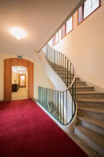 a staircase in a building with a red carpet at Hotel Restaurant Capricorns in Wergenstein