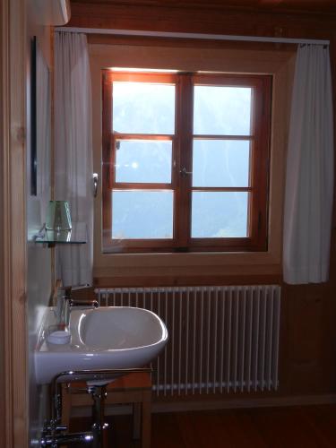 a bathroom with a sink and a window at Hotel Restaurant Capricorns in Wergenstein