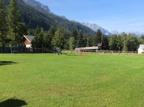 a large green field with mountains in the background at Pensiun Lischana in Sent