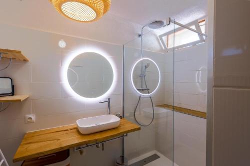 une salle de bain avec une douche, un lavabo et un miroir dans l'établissement Casa Aregno - Charme et Sérénité, à Aregno