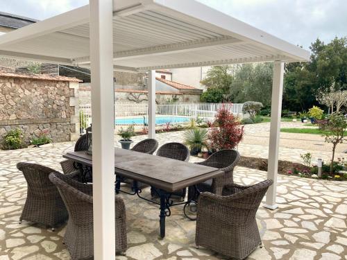 a patio with a table and chairs under a pavilion at La Villa des Roses Gîte Chambres d'hôtes Piscine chauffée in Luçon