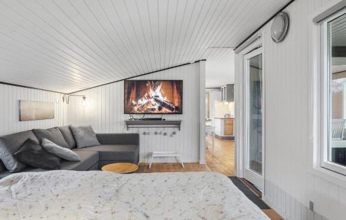 ゲッサーにある1 Bedroom Amazing Home In Gedserのソファ付きのベッドルーム1室、壁にテレビが備わります。