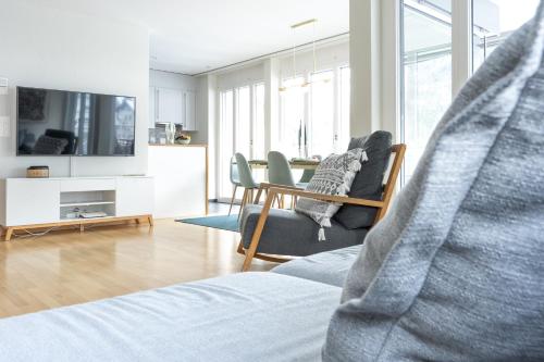 a living room with a bed and a tv at Superior Apartment in Engelberg