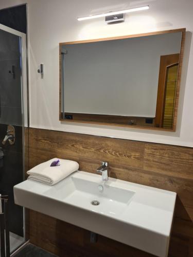 a bathroom with a sink and a large mirror at La Villetta di Oulx in Oulx