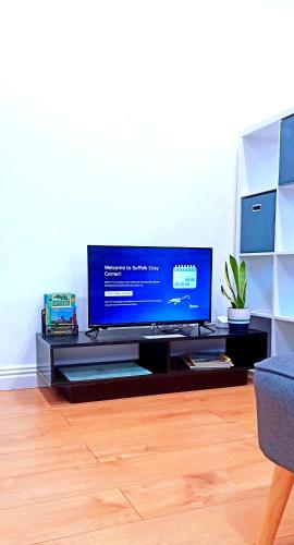 a living room with a flat screen tv on a table at Suffolk Cosy Corner with free parking, 10min walking to town centre in Bury Saint Edmunds