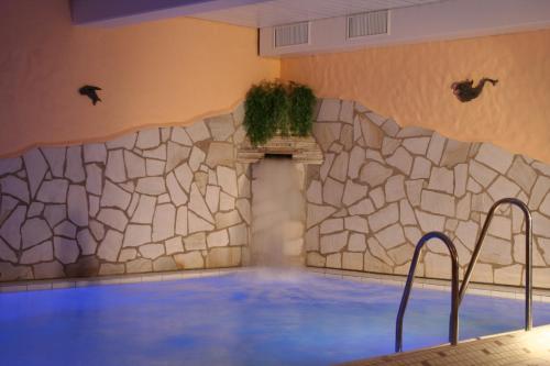 a large swimming pool with a stone wall and birds on the wall at Hotel Historischer Krug in Oeversee