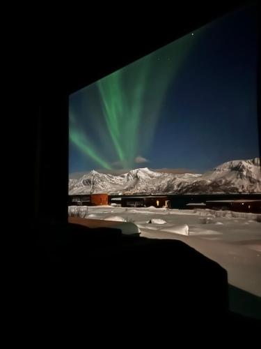 an image of the northern lights in the sky at Hoda Cabin - Luxury lodge with jacuzzi and sauna in Lyngværet