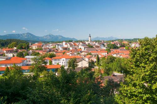 a view of a town with buildings and trees at Ferienwohnung Stadtplatz 25 in Traunstein