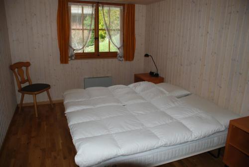 a large white bed in a room with a window at Ferienstudio Betula in Schwarzsee