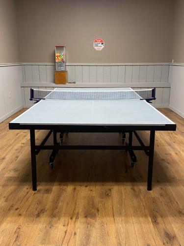 a large ping pong table in a gymnasium at COZY LOON MOUNTAIN ESCAPE - Free shuttle, Pool, Hot tub, River&Mnt Views in Lincoln