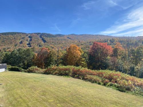 a grassy field with trees and mountains in the background at COZY LOON MOUNTAIN ESCAPE - Free shuttle, Pool, Hot tub, River&Mnt Views in Lincoln