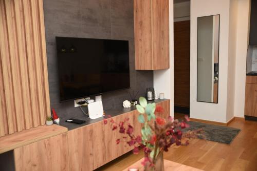 a living room with a flat screen tv on a entertainment center at Zlatni Javor Twins in Jahorina