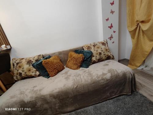 a couch with pillows on it in a living room at Studio Vale in Hunedoara