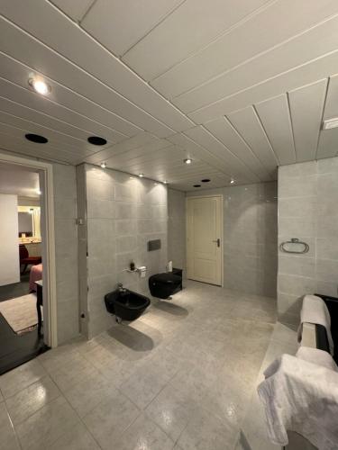 Un baño con dos lavabos y una bañera. en Attractive with Total Comfort - Ground Floor, en Valkenburg