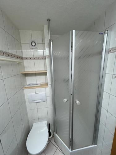 un bagno con doccia e WC di FeWo Jule im Predigtstuhl Resort a Sankt Englmar