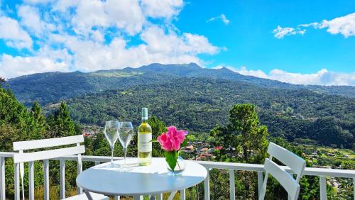 a table with a bottle of wine and a flower on it at Casa Reina by Villa Alejandro in Boquete