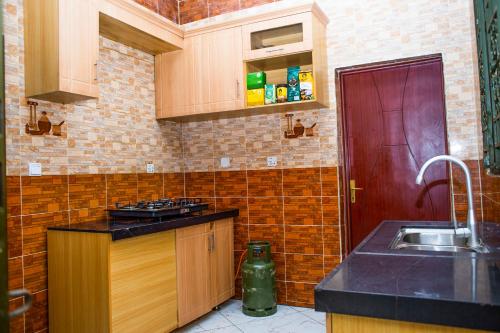 a kitchen with a sink and a counter top at Virunga Homestays in Ruhengeri