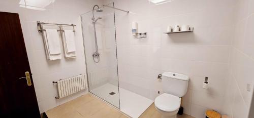 a white bathroom with a shower and a toilet at Hotel Artxanda Bilbao, Parking Gratuito en el Exterior Junto al Hotel in Bilbao