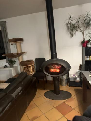 - un salon avec une cheminée et une cuisinière dans l'établissement Leffy 2 chambres confortable à la campagne, à Verniolle