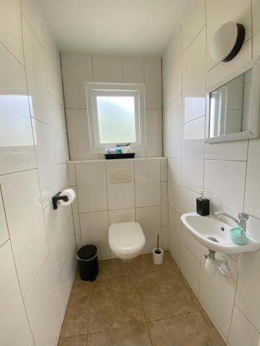 a small bathroom with a toilet and a sink at Pura Vida Aruba appartement Cama in Noord