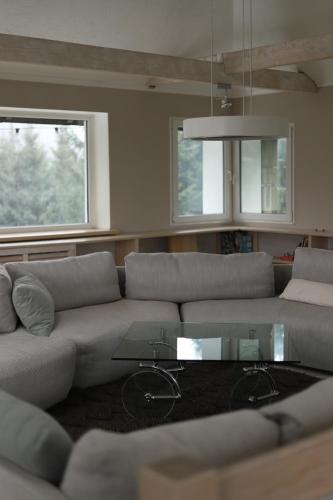 a living room with a couch and a glass table at Маєток Ліс і Гори in Bukovel