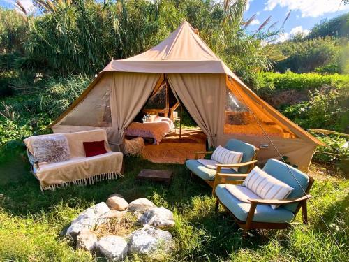 a tent with couches and chairs in a field at Organic Farmstay Glamping in St. Paul's Bay
