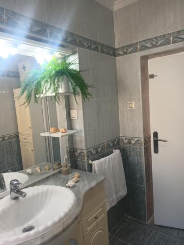 a bathroom with a sink and a large mirror at La Garatera in Jerez de la Frontera