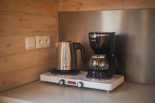een koffiezetapparaat en een blender op een aanrecht bij zeeuwse chalet voor 2 personen in Serooskerke
