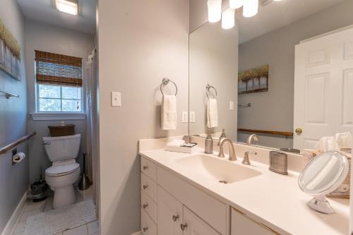 a bathroom with a sink and a toilet and a mirror at Sleepy Lagoon Cottage in Covington