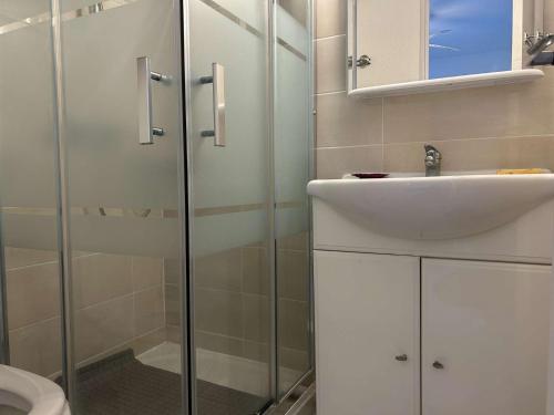 une salle de bain avec un lavabo et une douche en verre dans l'établissement SP400-022 Appt 2 pièces cabine SAINT PIERRE LA MER, à Saint Pierre La Mer
