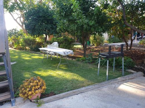 a picnic table and a grill in a yard at פינה שלווה בטבע- A peaceful spot in nature in Bet HaShitta