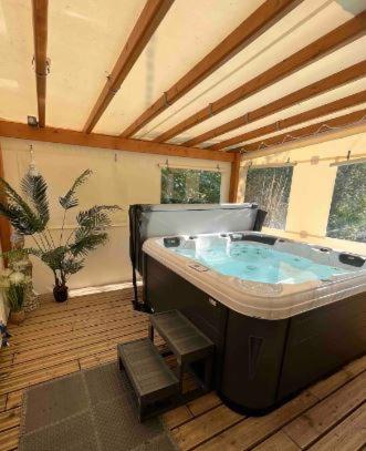 une grande salle de bain avec une grande baignoire dans une pièce dans l'établissement La maison d'Aurore et Patrice - jacuzzi couvert et jardin privés, à Élincourt-Sainte-Marguerite