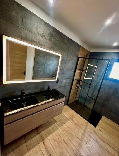 une salle de bain avec un lavabo et une douche dans l'établissement Villa les oliviers, à Lablachère