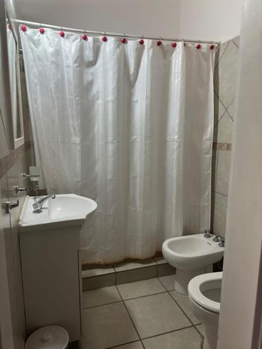 a bathroom with a sink and a toilet and a shower curtain at Posada La Pedrera in Villa Yacanto