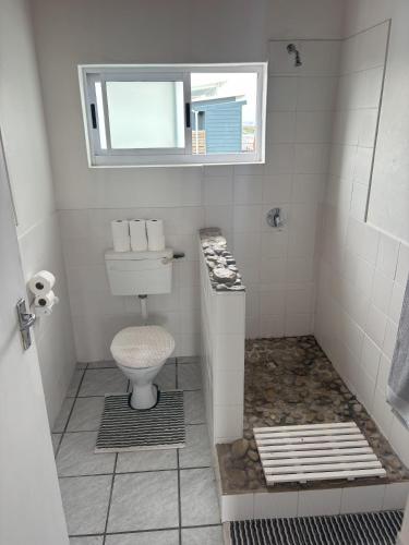 a white bathroom with a toilet and a window at Seal Point Apartments in Cape St Francis
