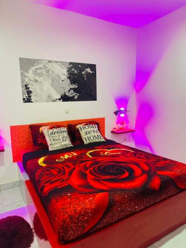 a bedroom with a bed with a red blanket and pillows at Grace house jacuzzi in Saly Portudal
