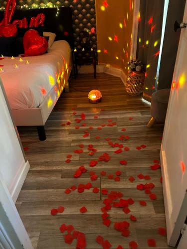 a room with red flowers on the floor and a bed at Appart' Studio cooconing - Champs Elysées - NETFLIX in Maisons-Laffitte