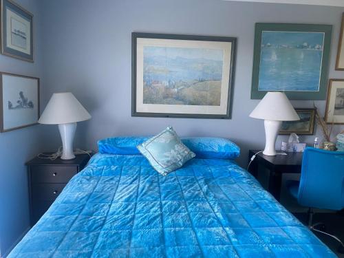 a blue bedroom with a bed with a blue comforter at Art House Blue Room in Huonville