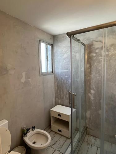 une salle de bain avec toilettes et douche en verre dans l'établissement Departamento en Mar del Plata, Zona La Perla, à Mar del Plata