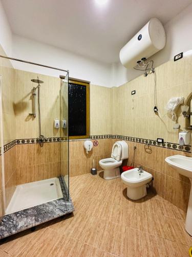 a bathroom with a shower and a toilet and a sink at THE DOMI Apartments in Durrës