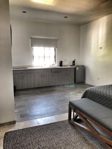 a living room with a kitchen and a bed in it at 11 Suite Grande Para 4 Personas con Factura in Torreón