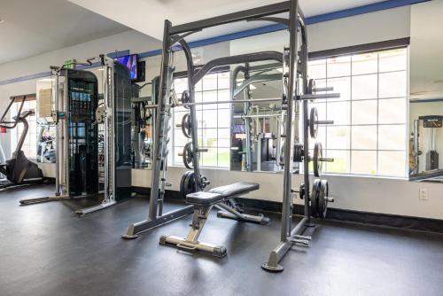 a gym with several rows of tread machines at Music Lovers Paradise 7 Bed Pool Home and Game Room in Indio