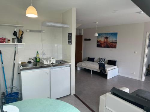 une cuisine et un salon avec un canapé dans l'établissement Escale 52, au Mans