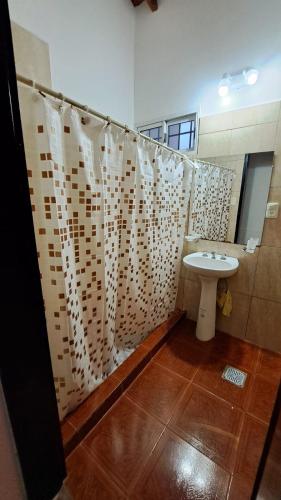 a bathroom with a sink and a shower curtain at Casa Tierra in San Antonio Oeste