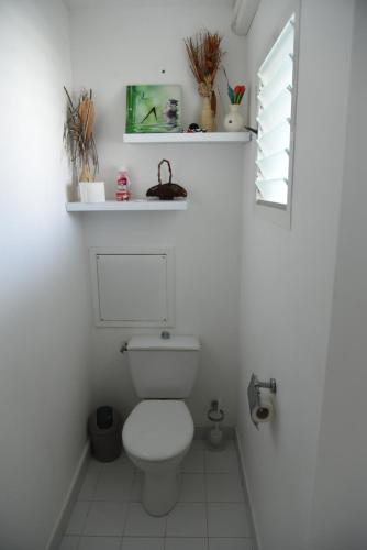 a white bathroom with a toilet and a window at Appartement Manganao beach in Saint-François
