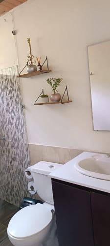 a bathroom with a white toilet and a sink at Casa en el campo - villeta in Villeta