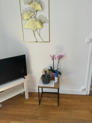 a living room with a tv and a table with flowers at Escale 42 in Le Mans